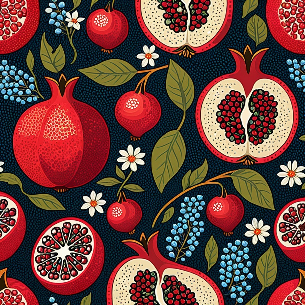 Vibrant Botanical Pattern of Pomegranates and Cherries