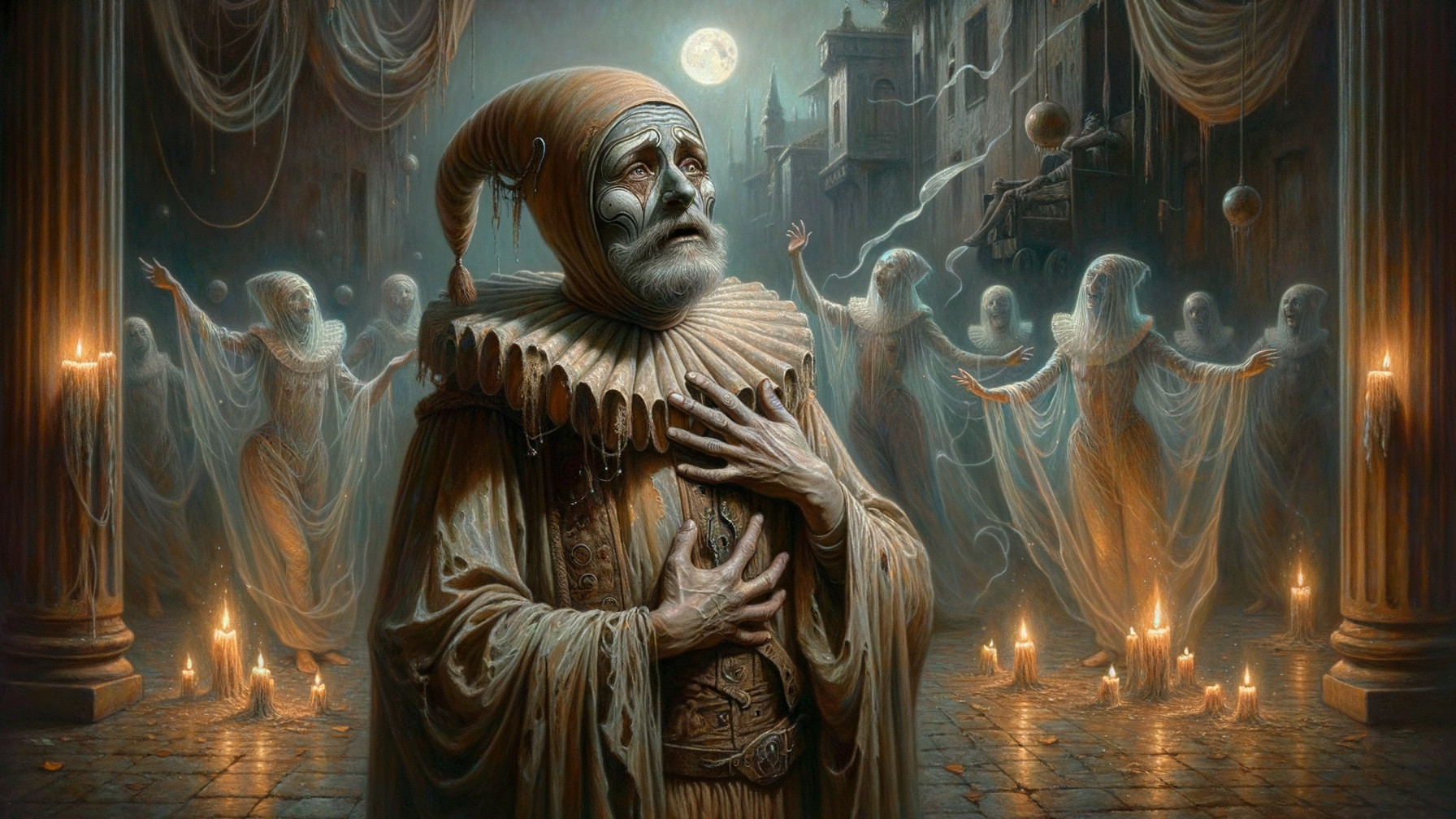 Sorrowful clown in ghostly scene with ethereal figures