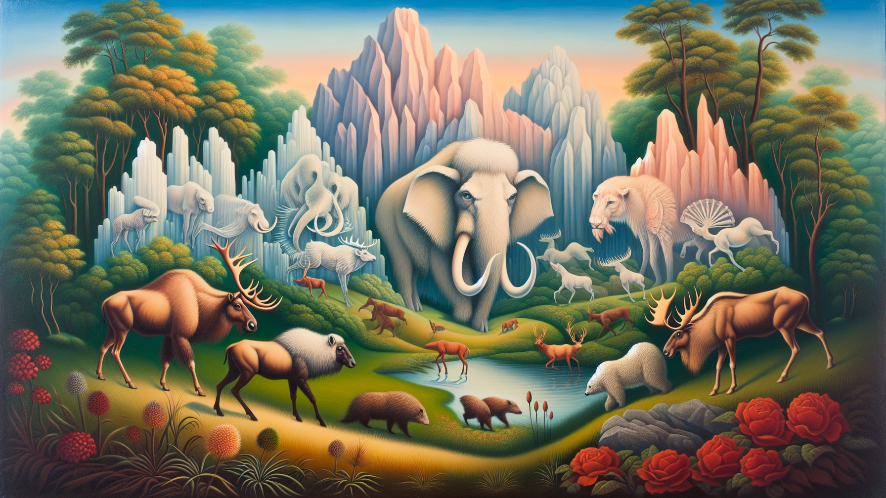 Surreal Scene of Animals in a Lush Landscape
