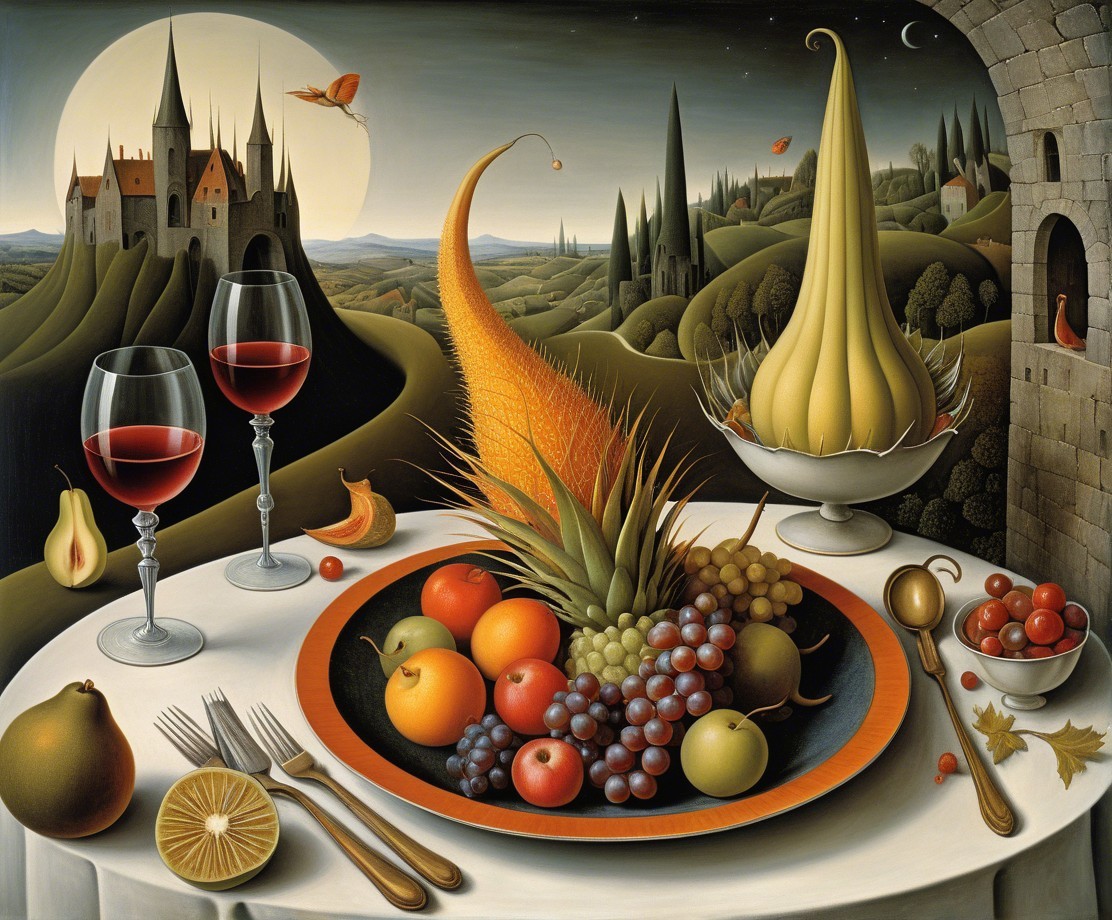 Surreal Landscape with Fruit Display and Castle Background
