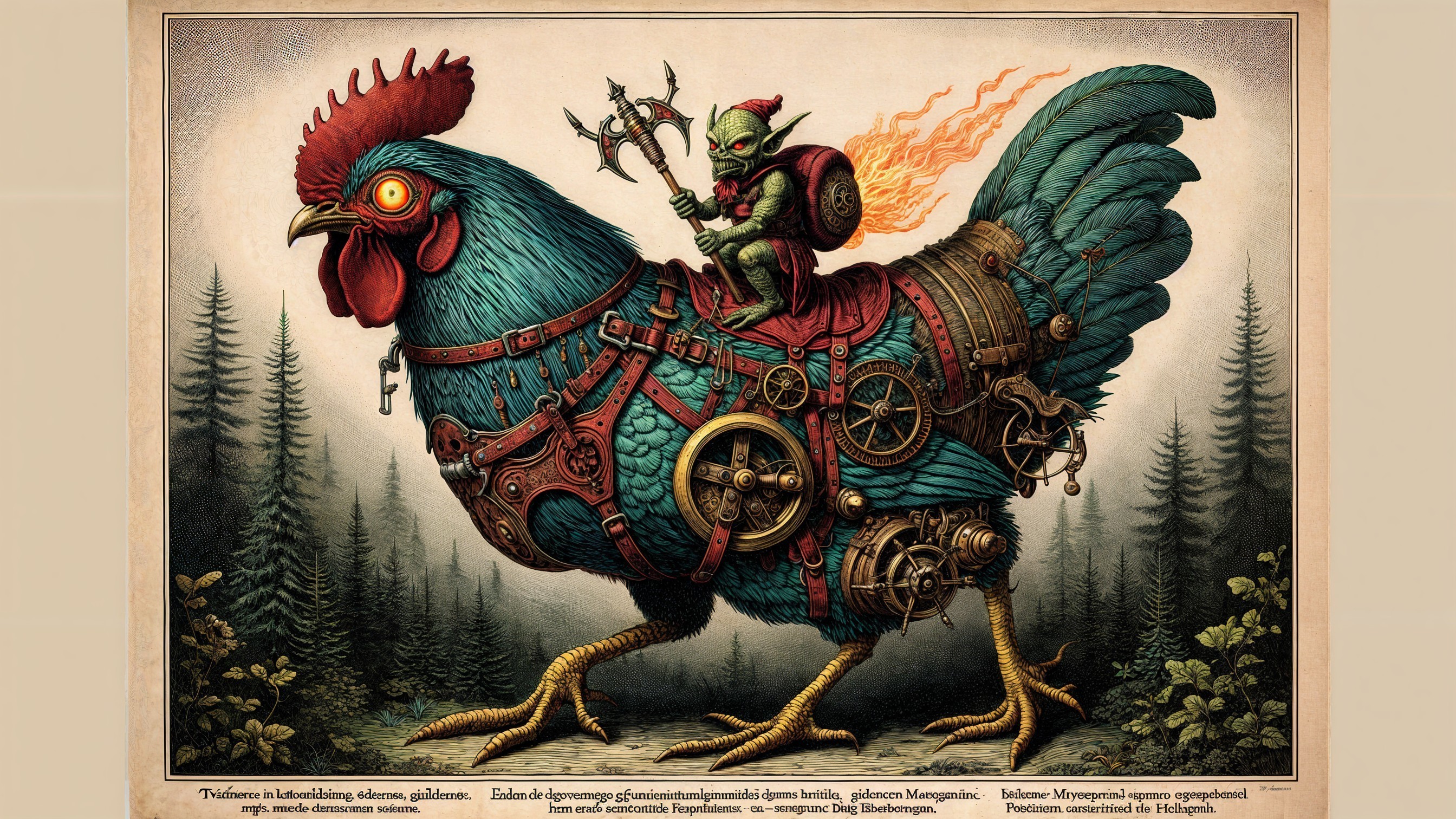 Oversized Rooster with Steampunk Goblin Scene