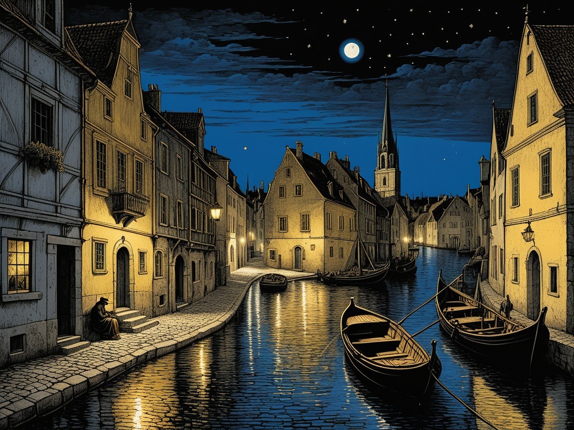 Tranquil Nighttime Riverside Scene with Moonlight