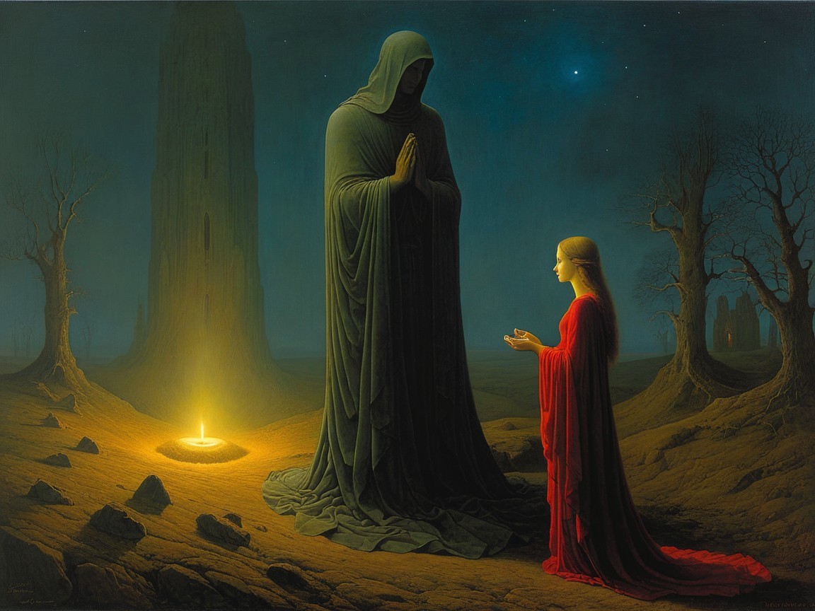 Mystic Landscape with Shadowy Figure and Young Woman