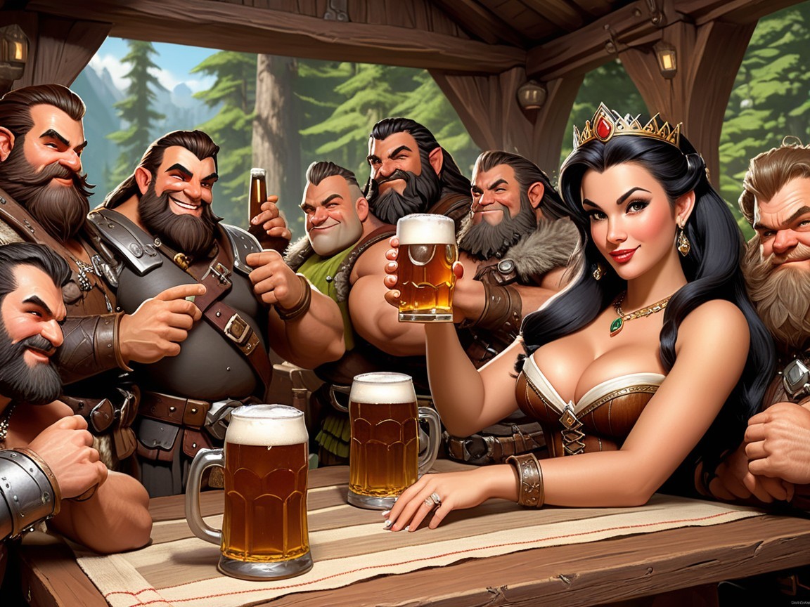 Queen and Dwarves Celebrate in Rustic Tavern Setting