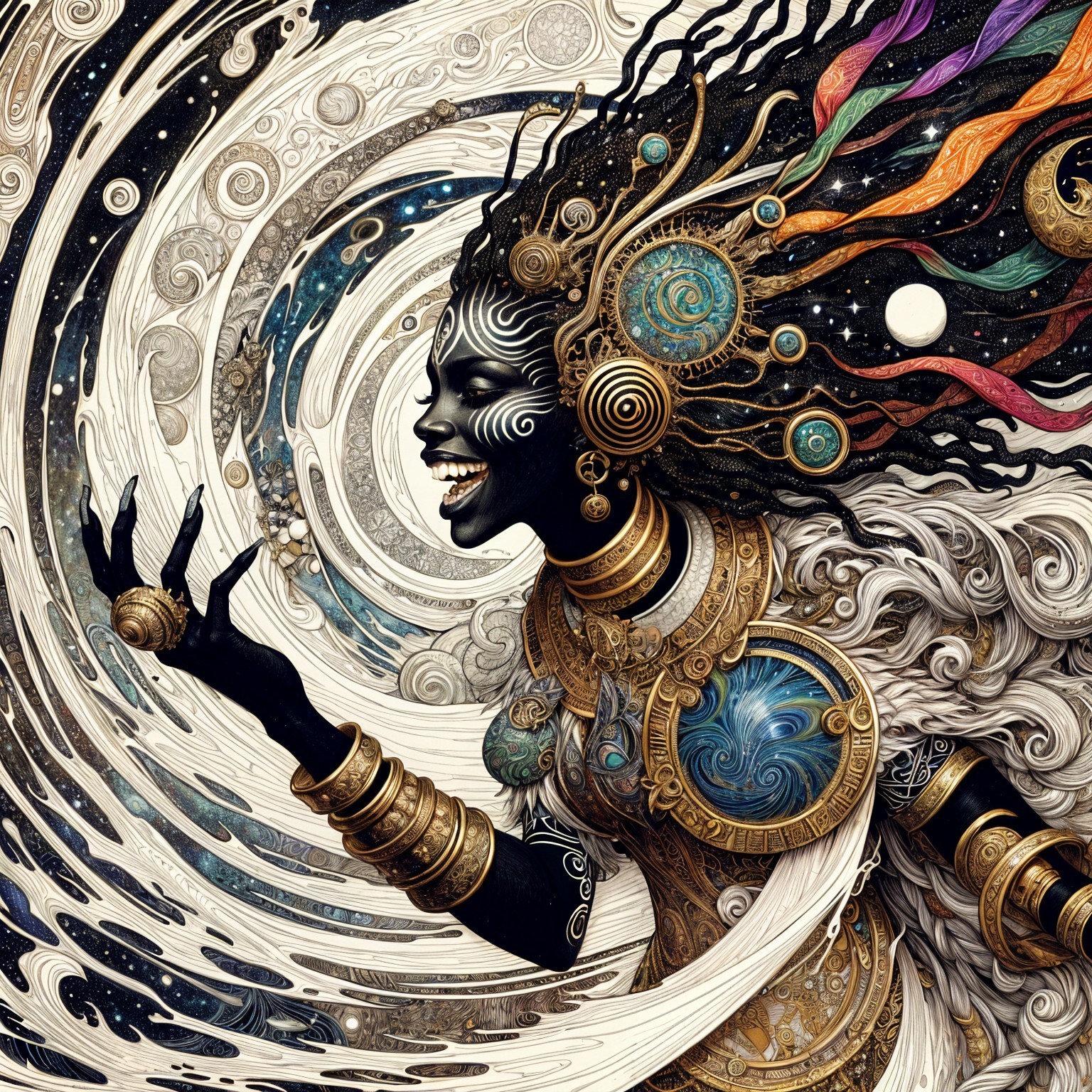 Ornate Illustration of a Cosmic Woman with Jewelry