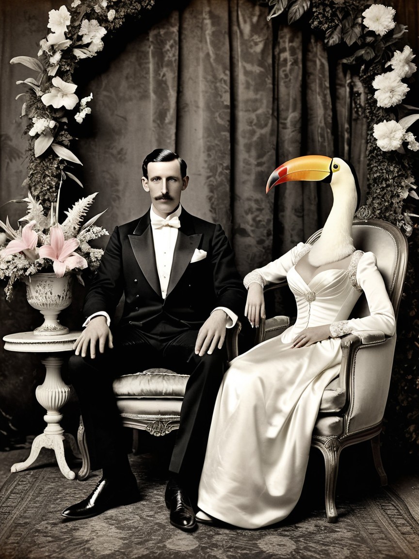 Formal portrait of man in tuxedo and toucan woman