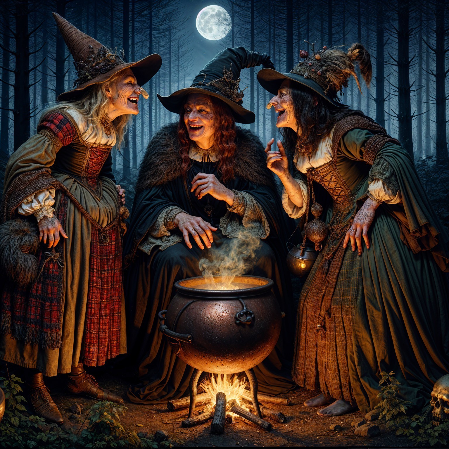Witches in a Moonlit Forest with a Bubbling Cauldron