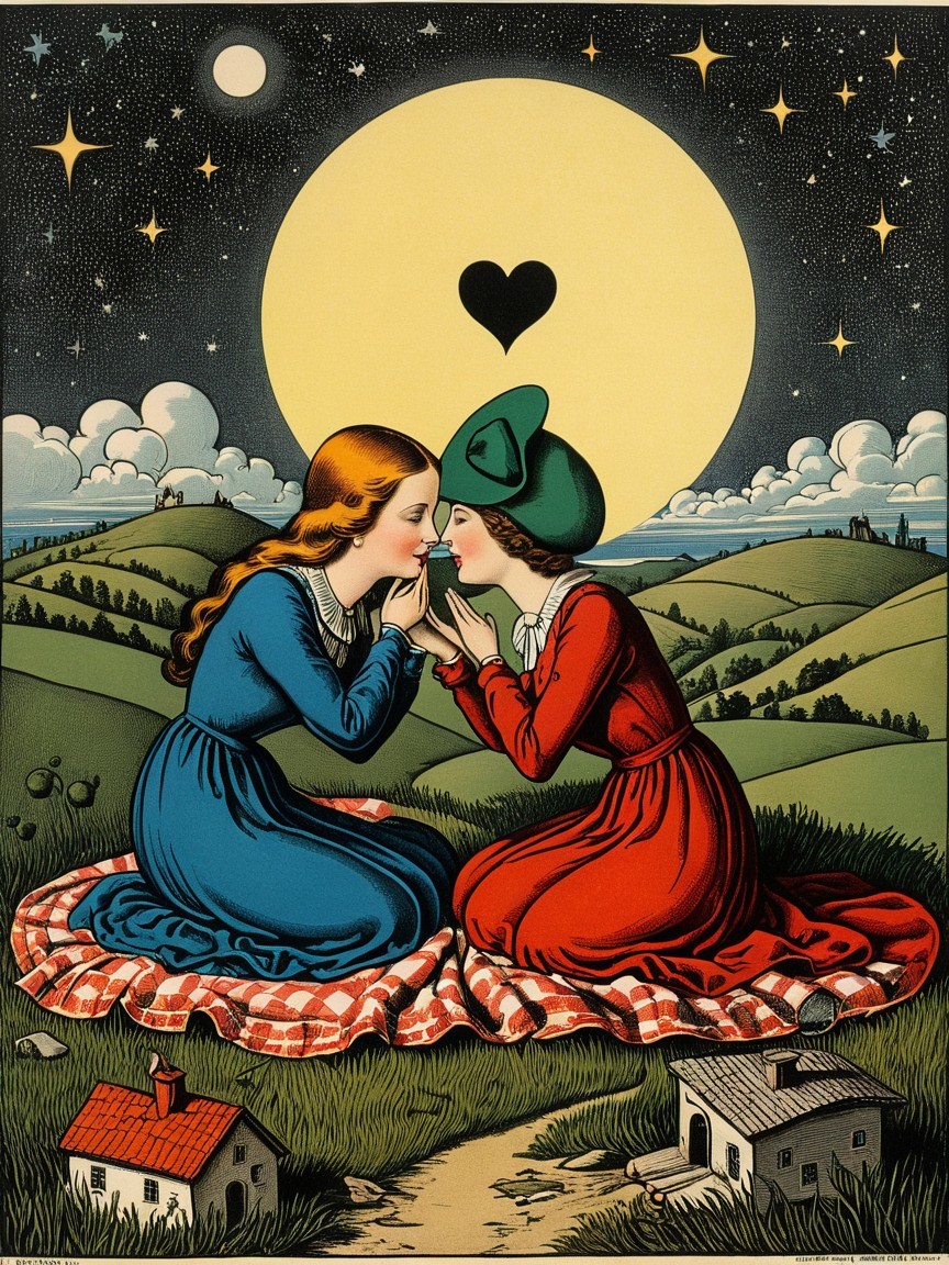 Young Women in Gowns Under Moonlit Sky Illustration