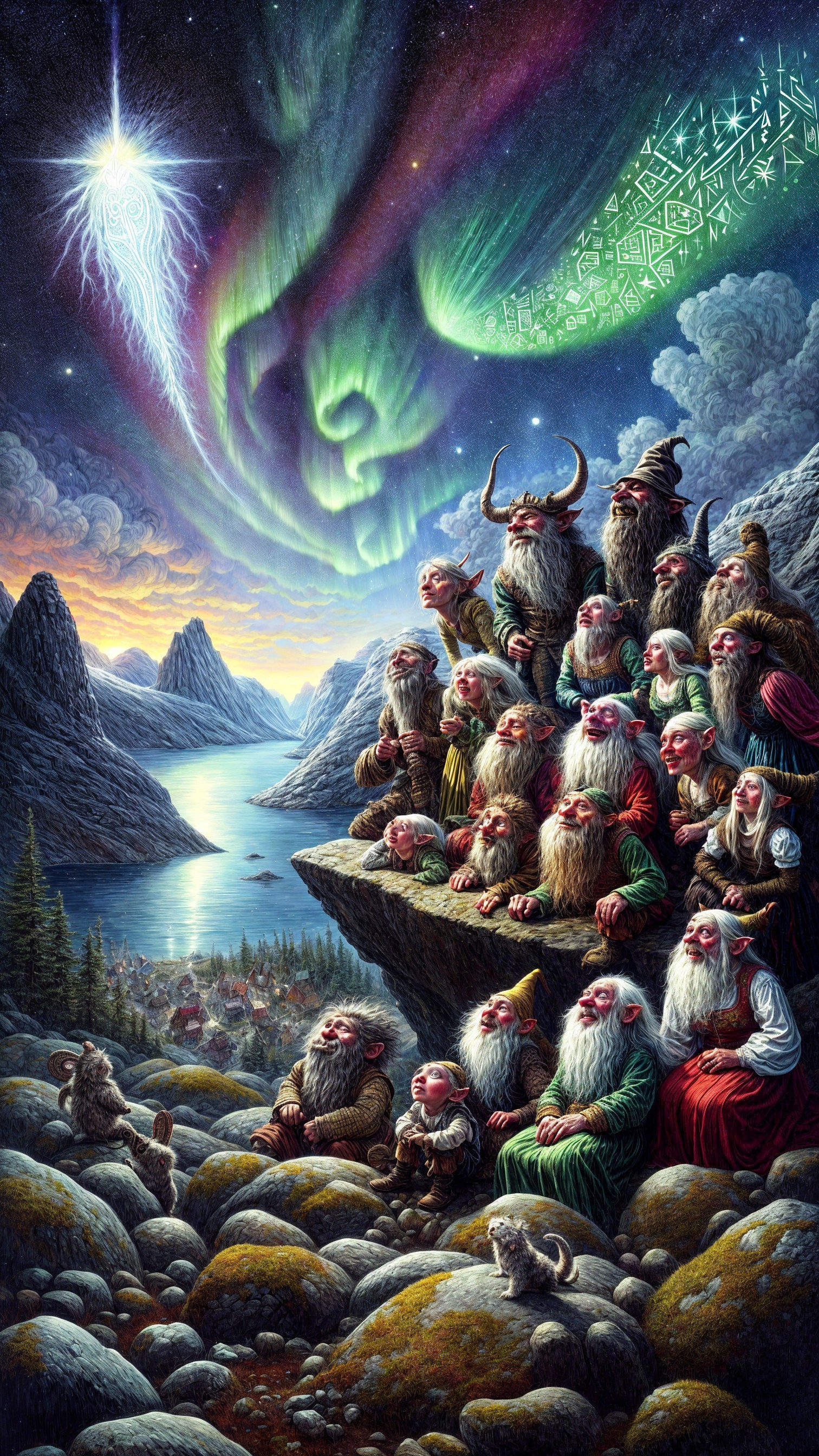 Colorful Gnomes Gather at Fjord During Sunset