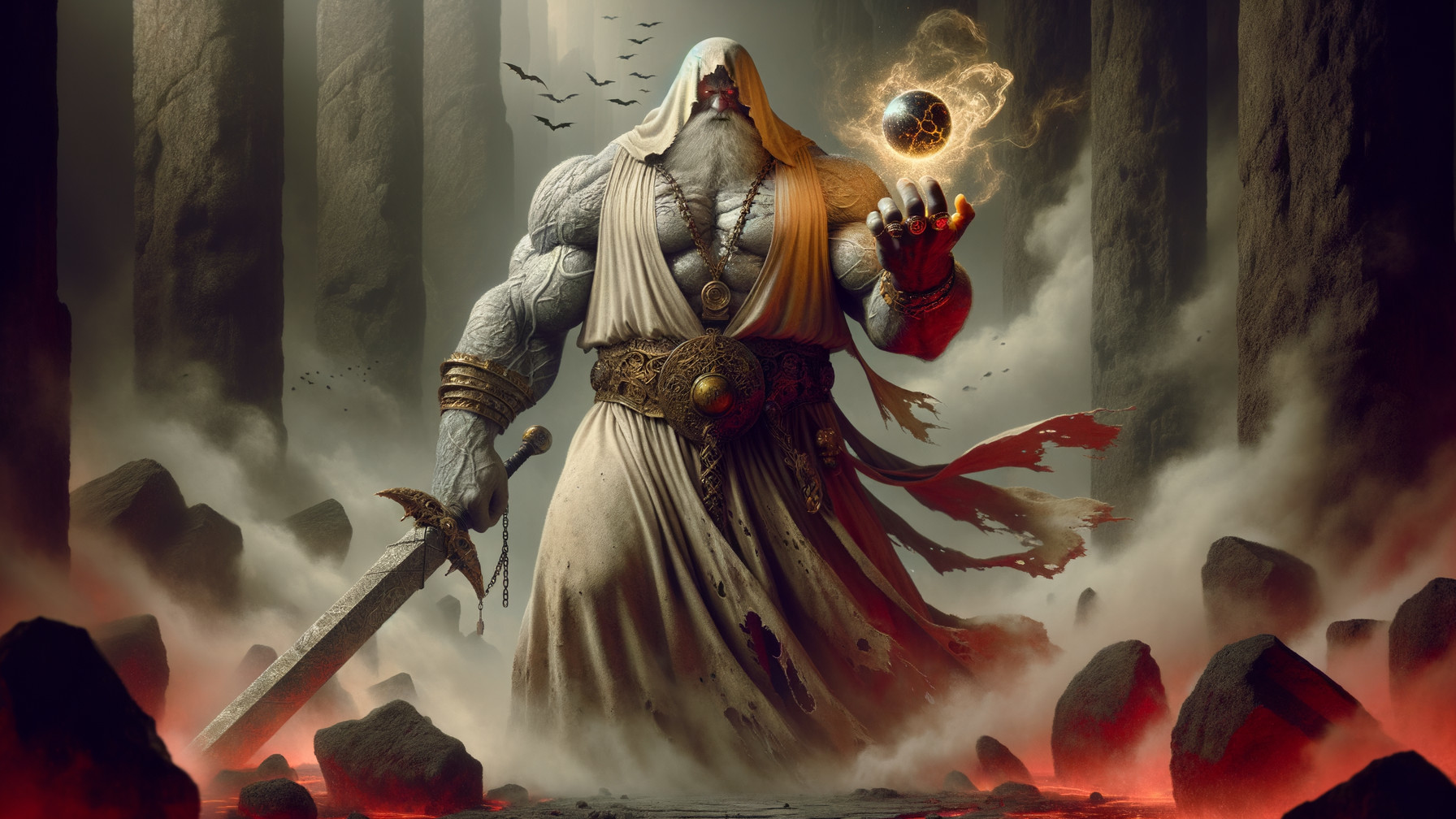 Muscular Figure in Ancient Temple with Glowing Orb