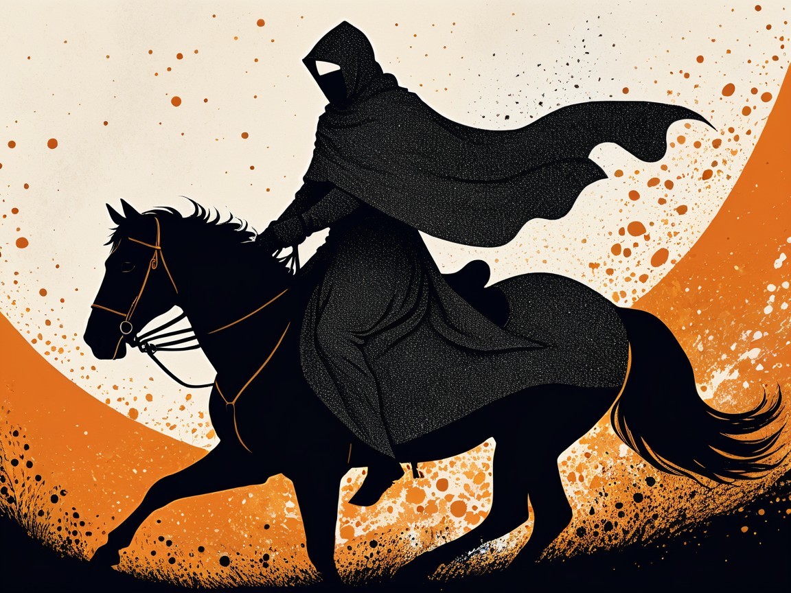Cloaked Figure on Horse Against Orange and Cream Background