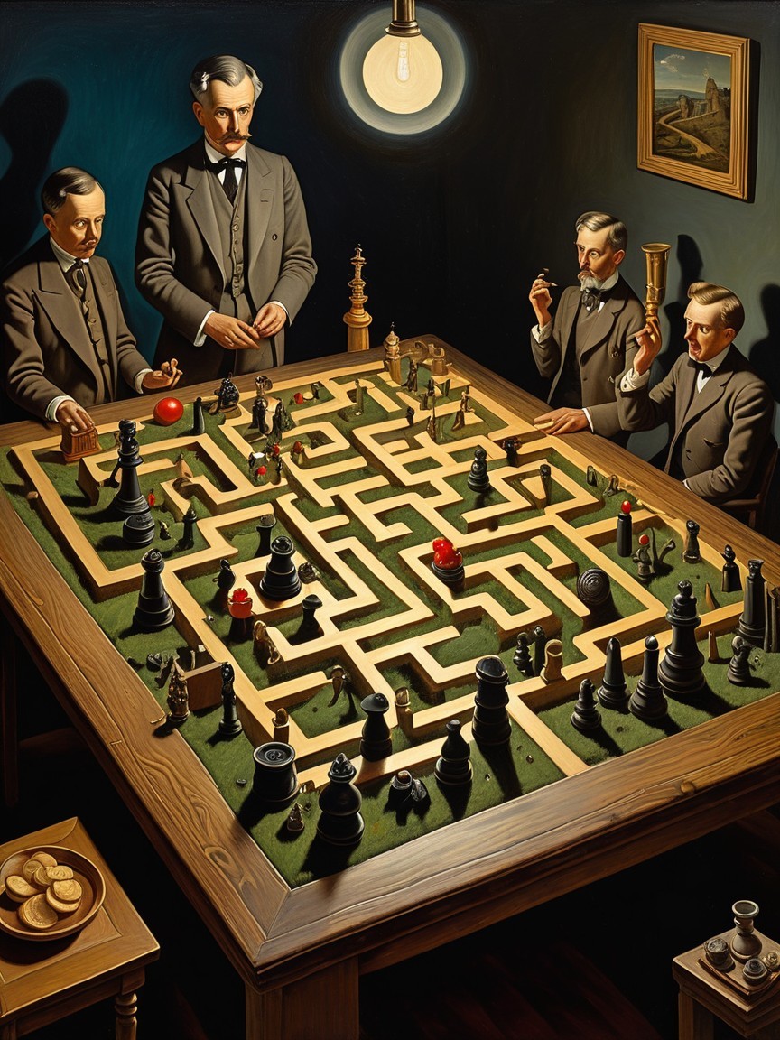 Elegant Gathering Around a Chessboard in Dim Light