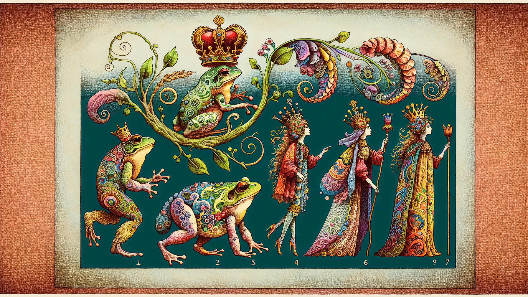 Whimsical Illustration of Royal and Colorful Frogs