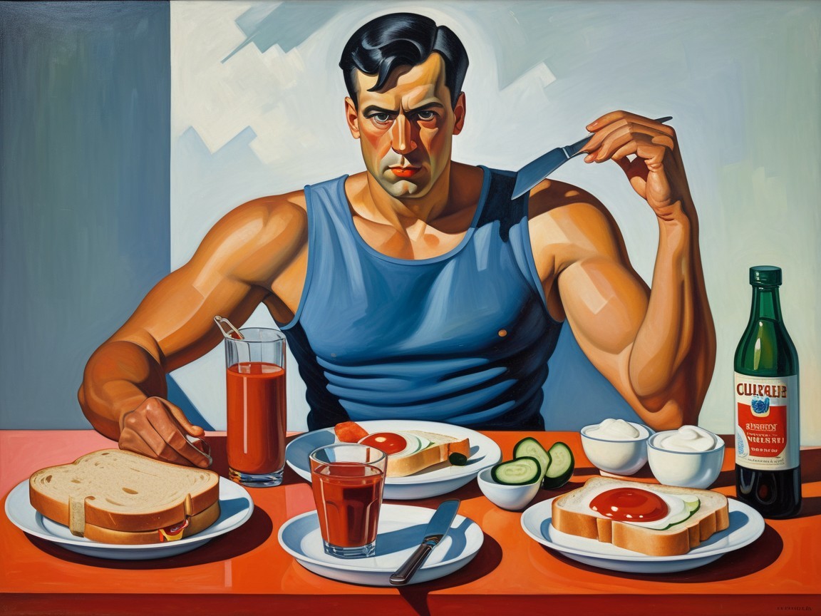Muscular Man at Table with Food and Drinks
