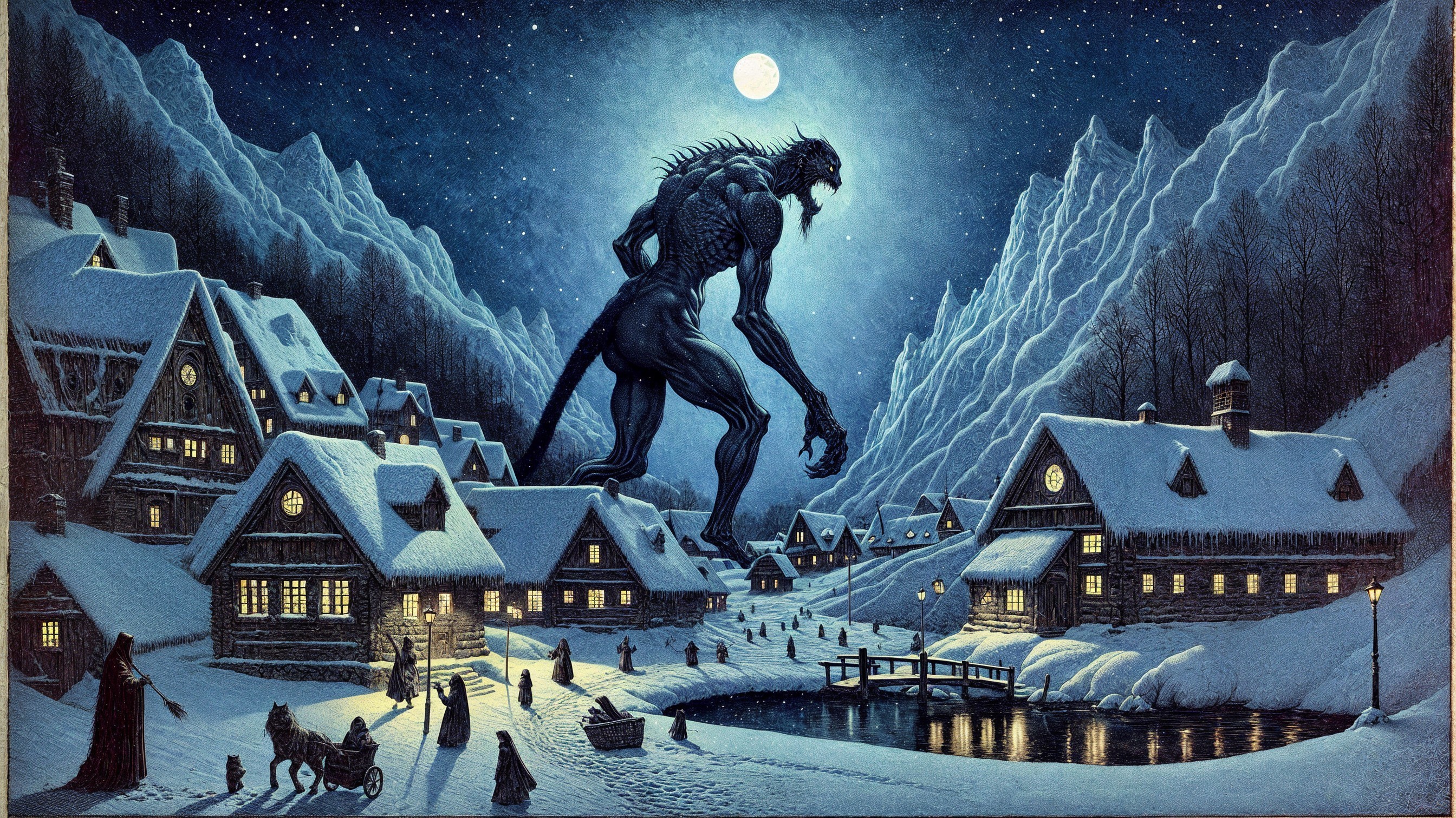 Shadowy Creature Overlooks Snowy Village at Night