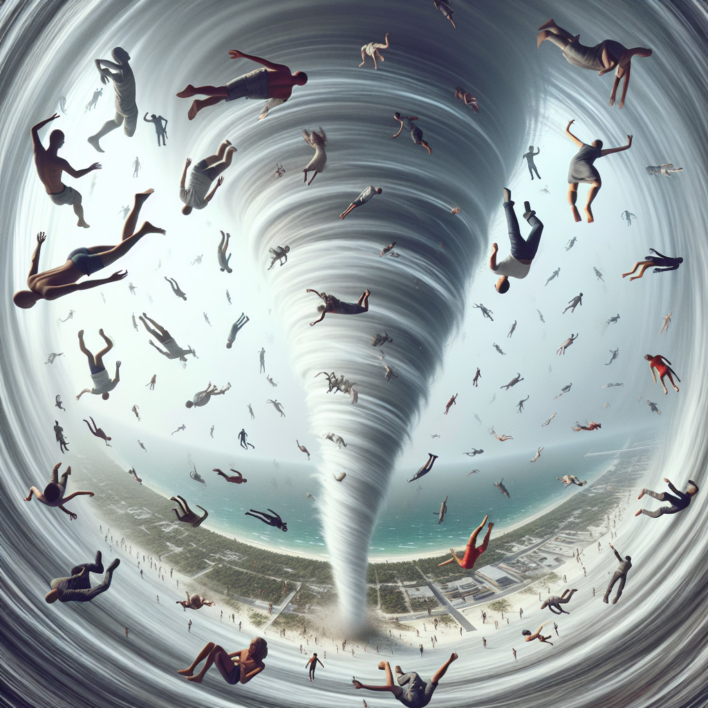 Surreal Tornado Over Beach with Spiraling Figures