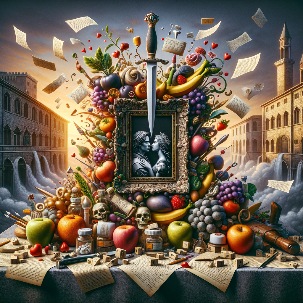 Surreal Portrait with Fruits, Skulls, and Cityscape