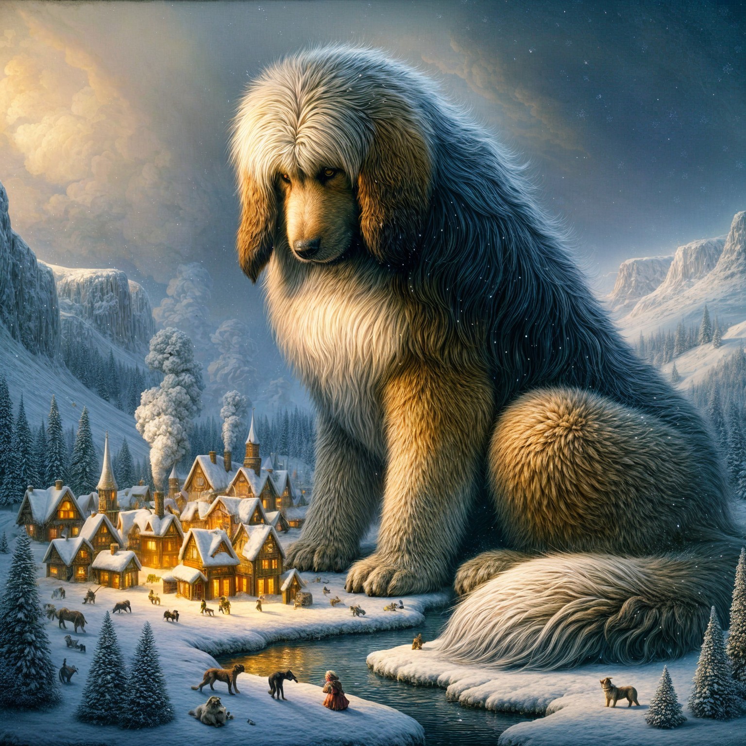 Giant Dog in Winter Landscape with Quaint Village