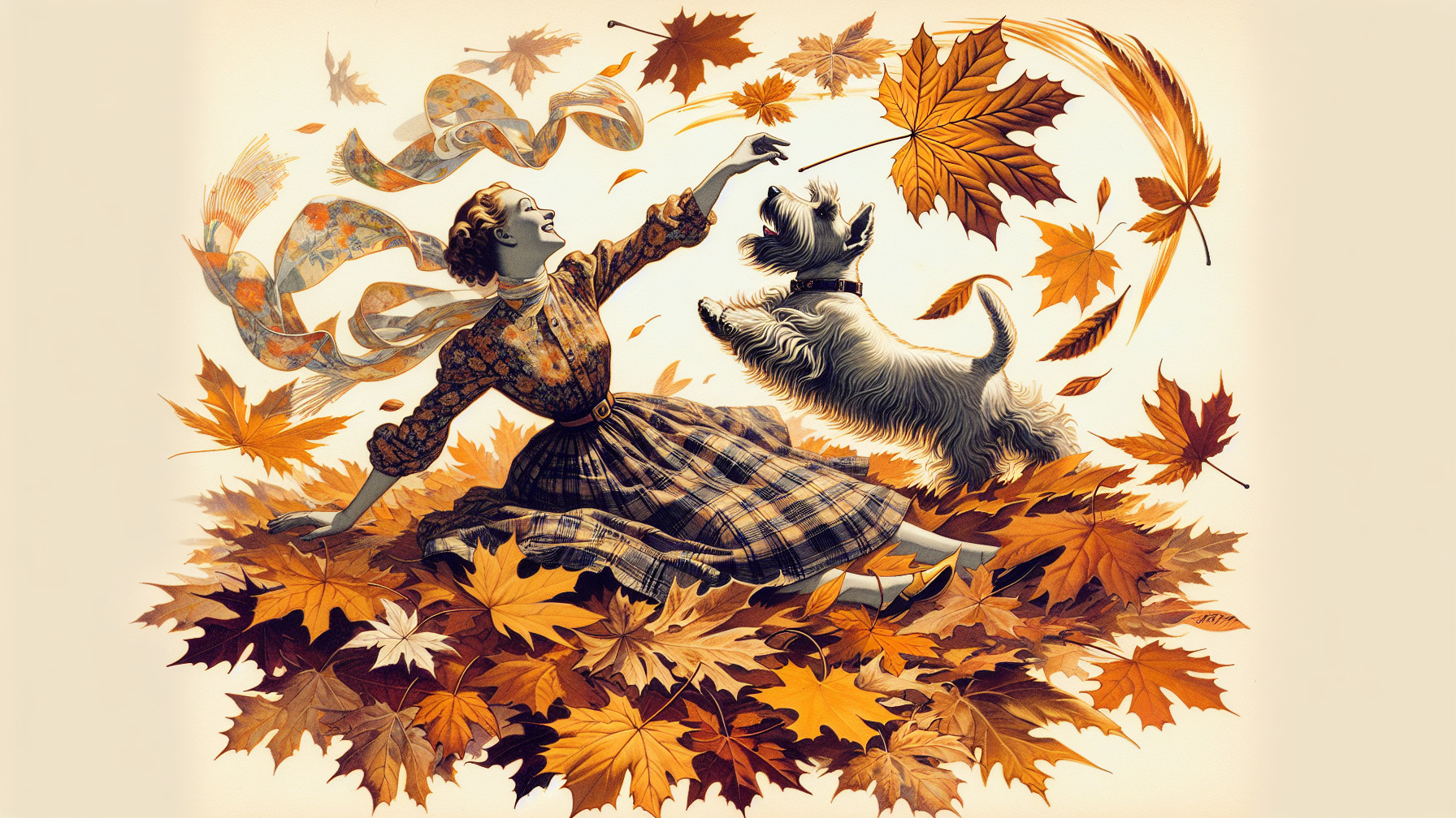 Joyful Woman in Vintage Dress Among Autumn Leaves