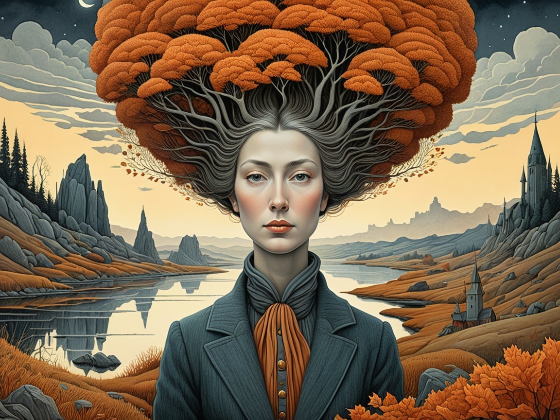 Serene Woman in Autumn Landscape with Tranquil Waters