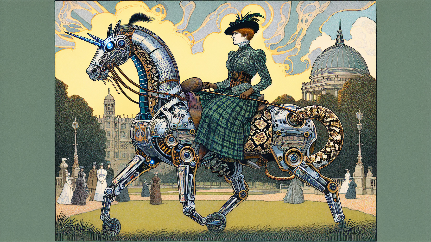Steampunk Scene with Woman on Mechanical Unicorn