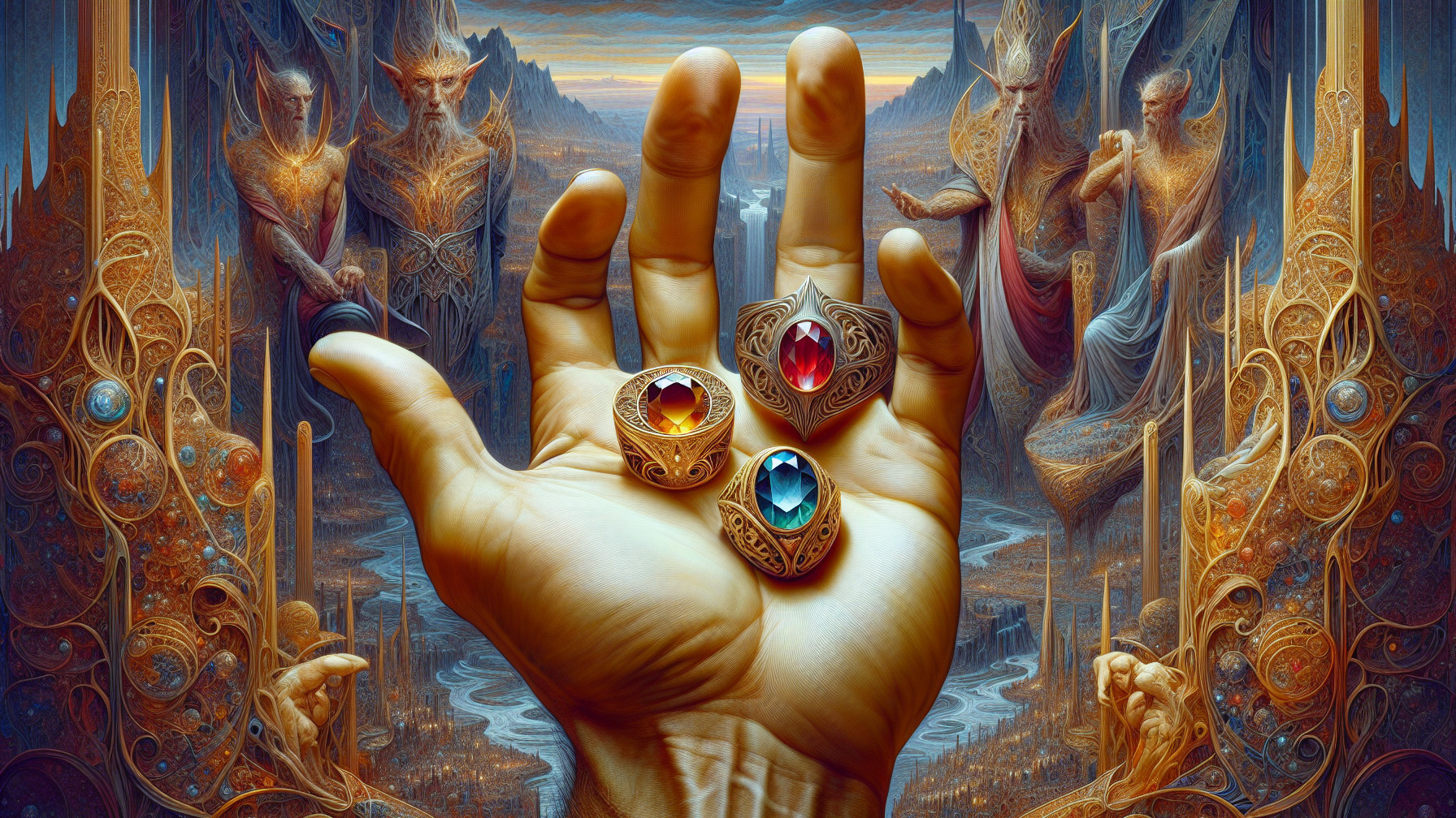 Ornate Rings with Gems in a Mystical Landscape