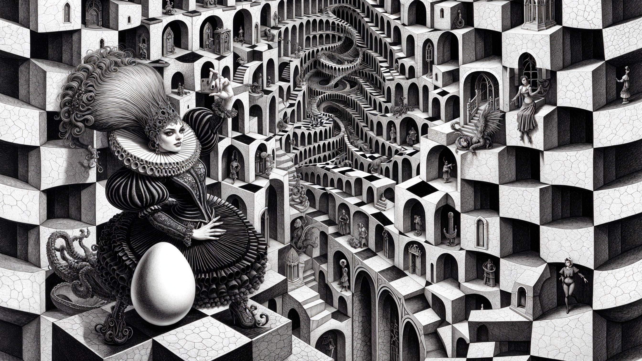 Surreal Landscape with Twisting Staircases and Figures