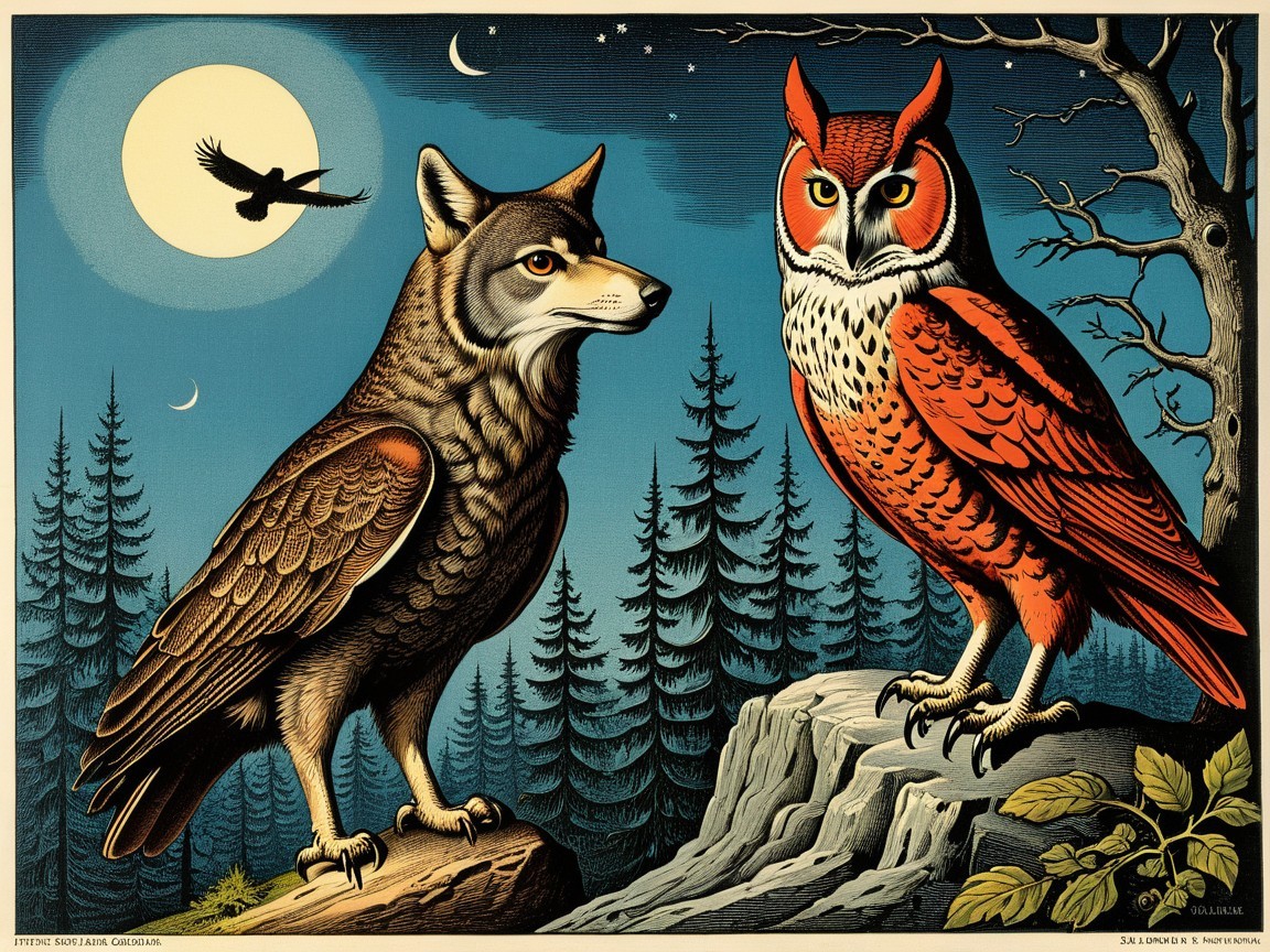 Stylized Wolf and Owl Against Moonlit Background