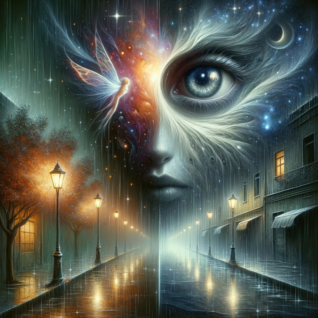 Surreal Eye and Fairy Amidst Cosmic Colors and Street