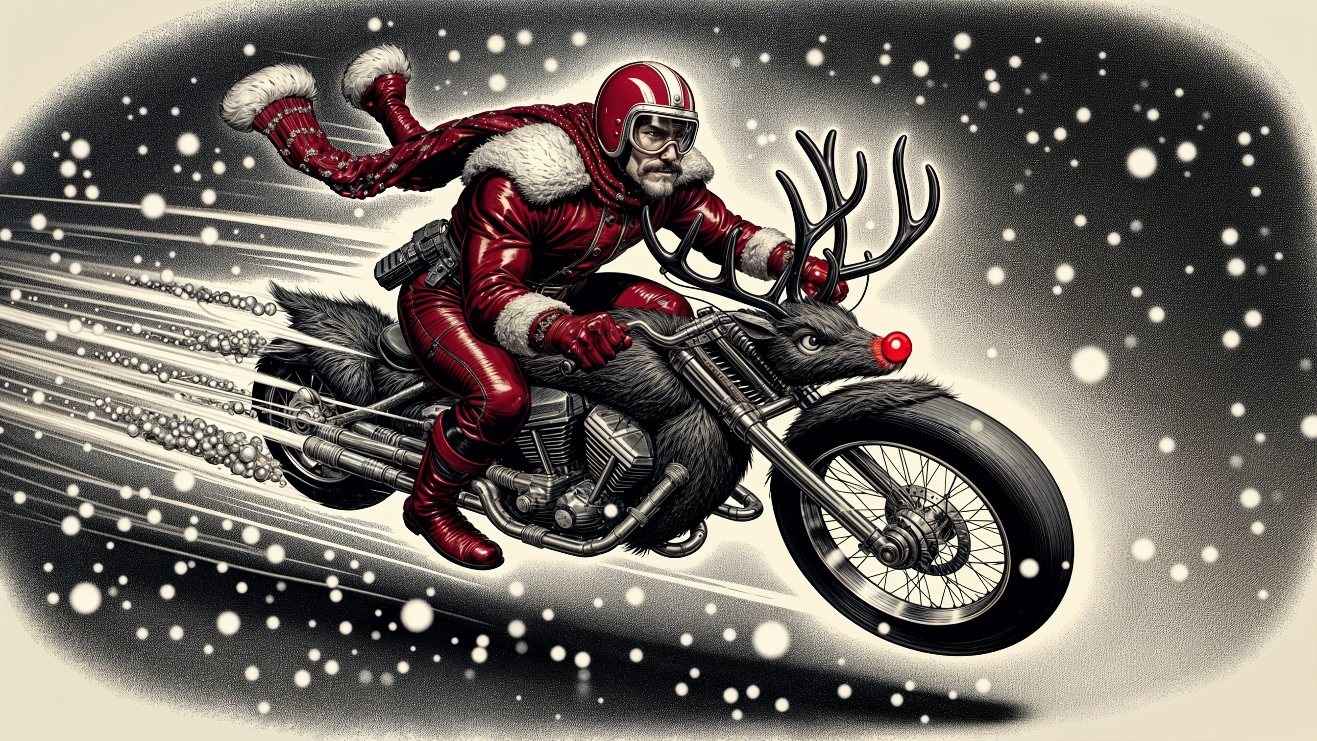Santa-themed motorcycle ride in snowy landscape