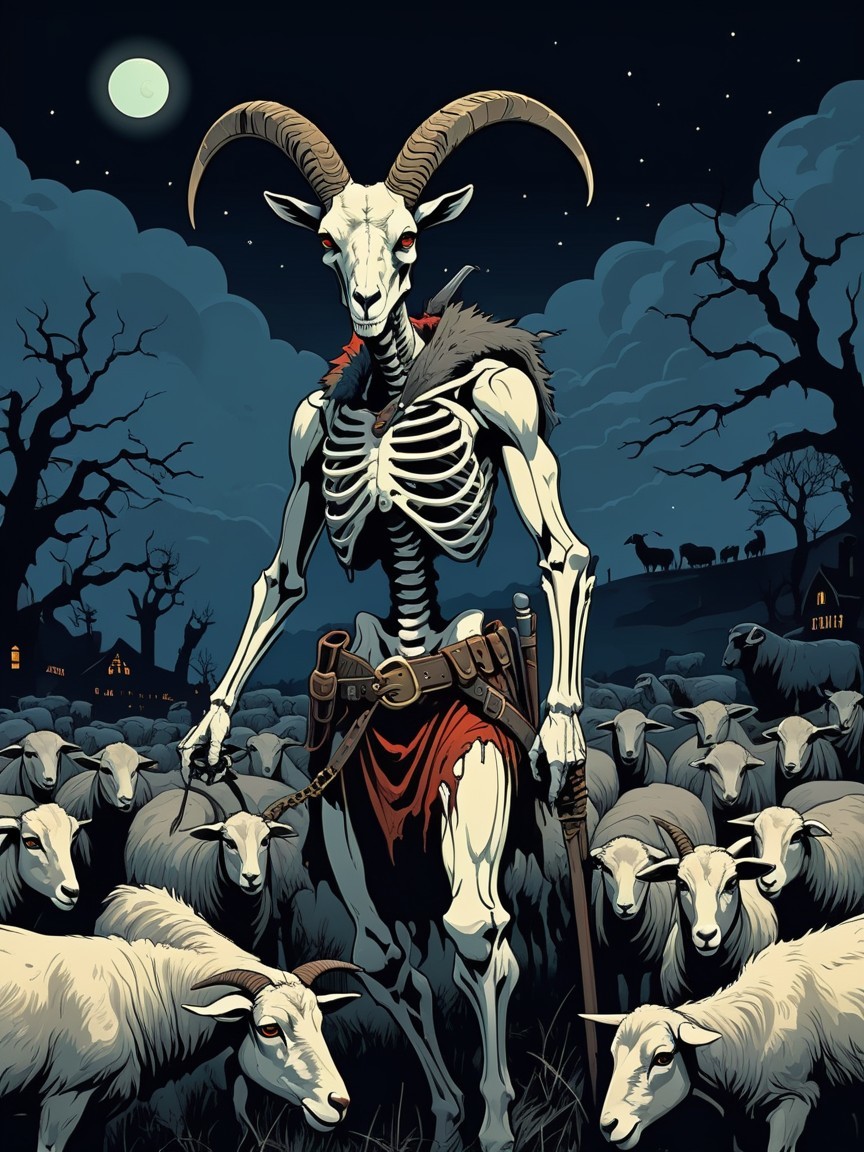 Skeletal Figure in Red Cloak Among Sheep at Night