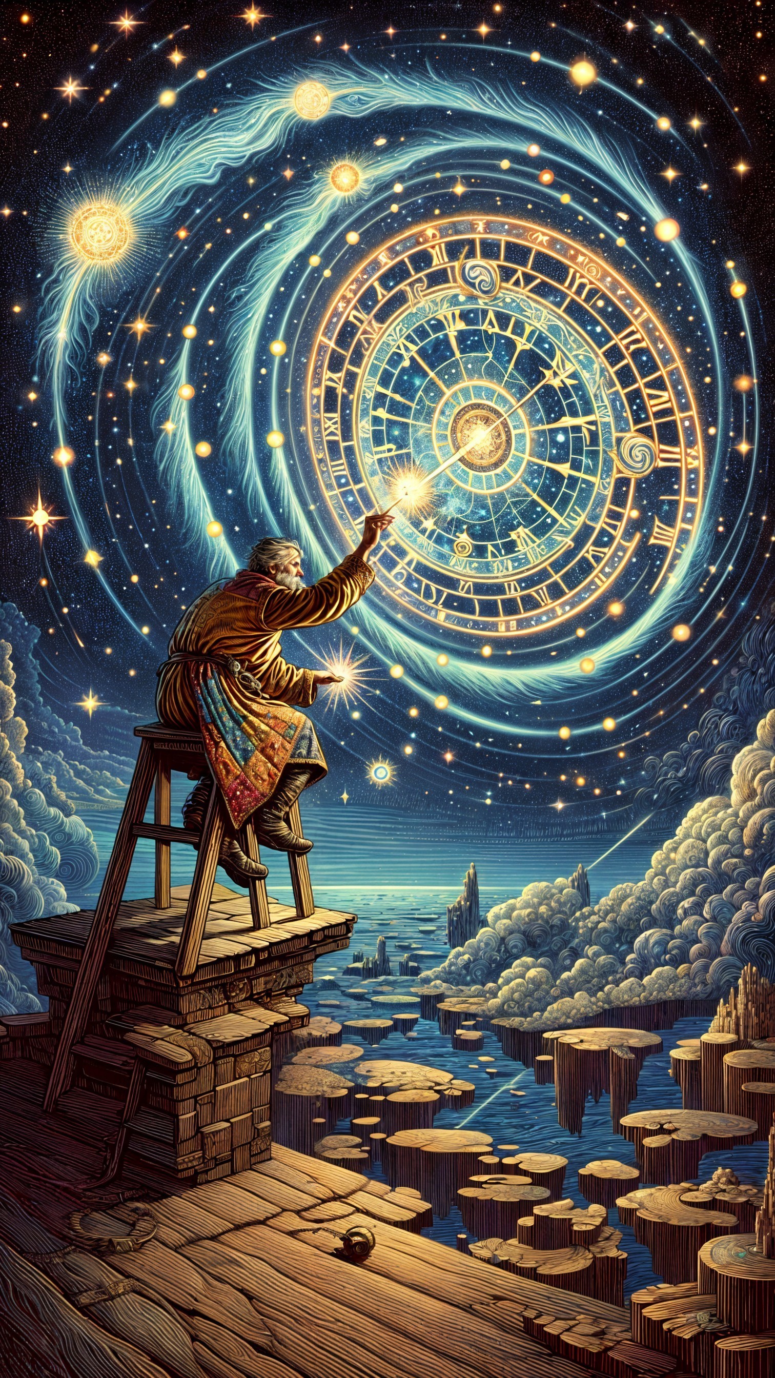 Celestial Scene with Wise Figure on Cliffside Stool