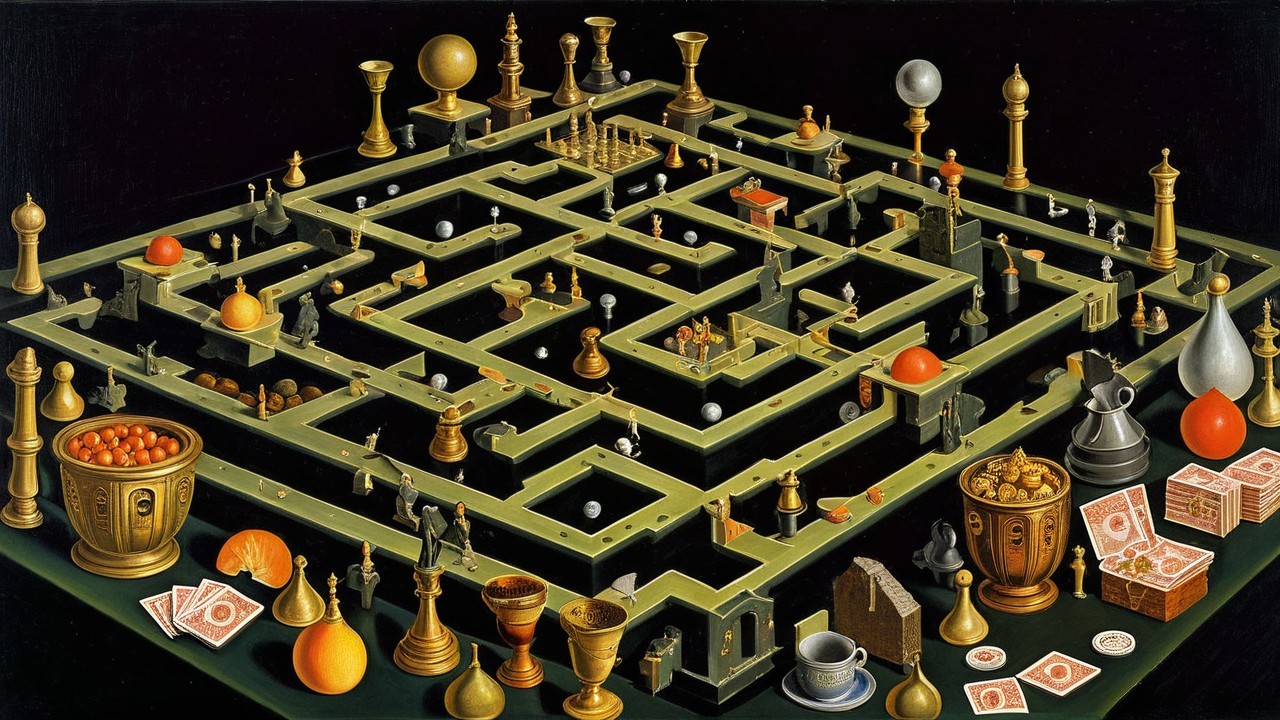 Surreal Maze with Geometric Shapes and Objects