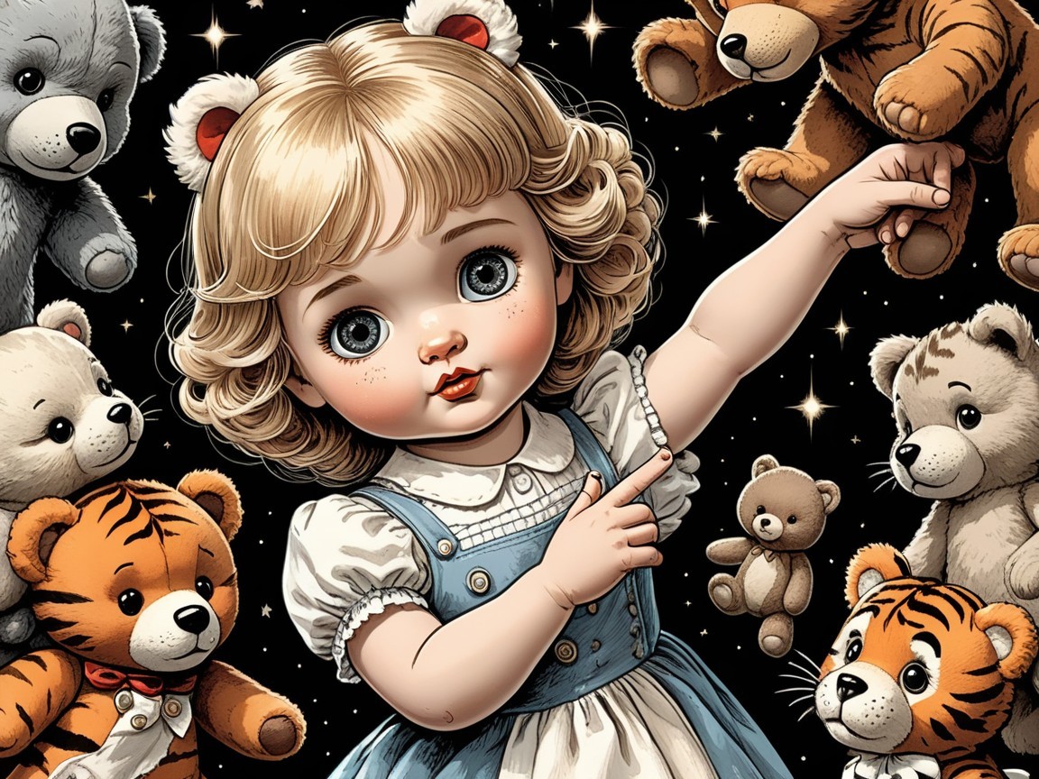 Porcelain Doll Surrounded by Plush Toys in Starry Setting