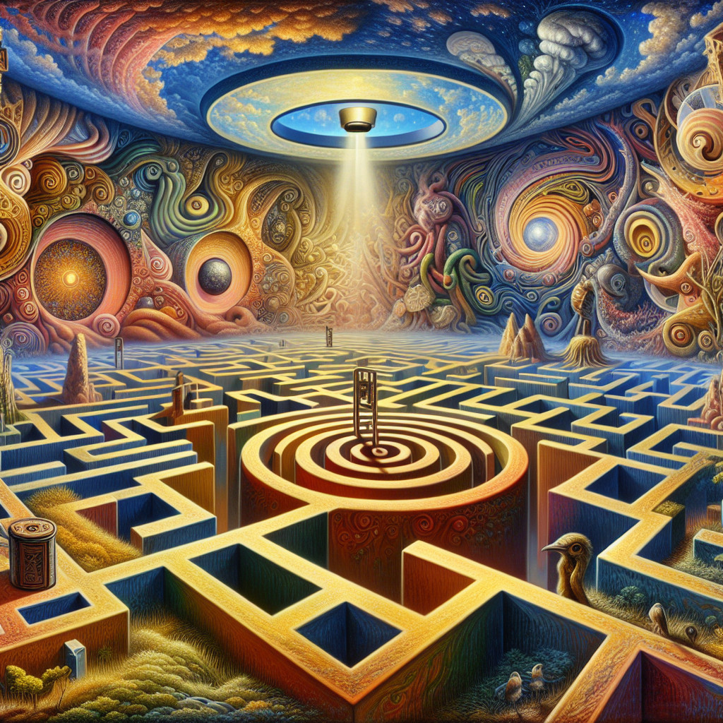 Surreal Landscape with Vibrant Labyrinth and Staircase