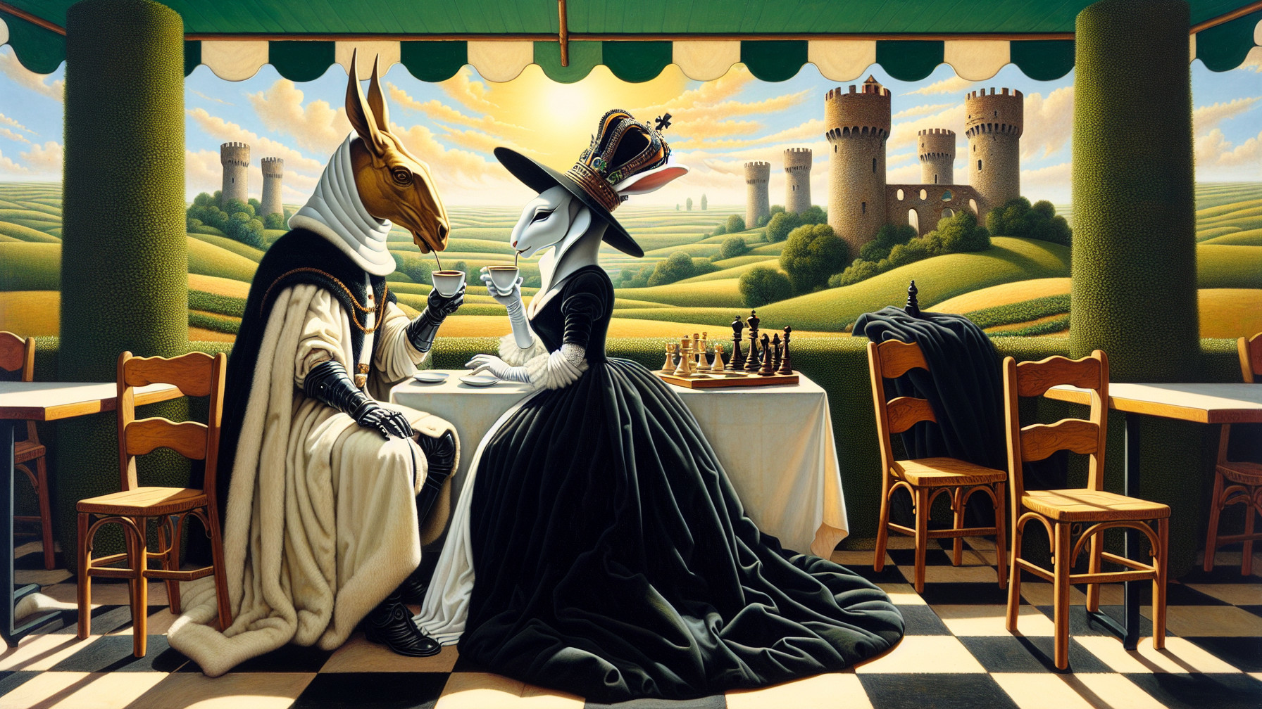 Antelope and Rabbit Enjoy Tea in Whimsical Landscape