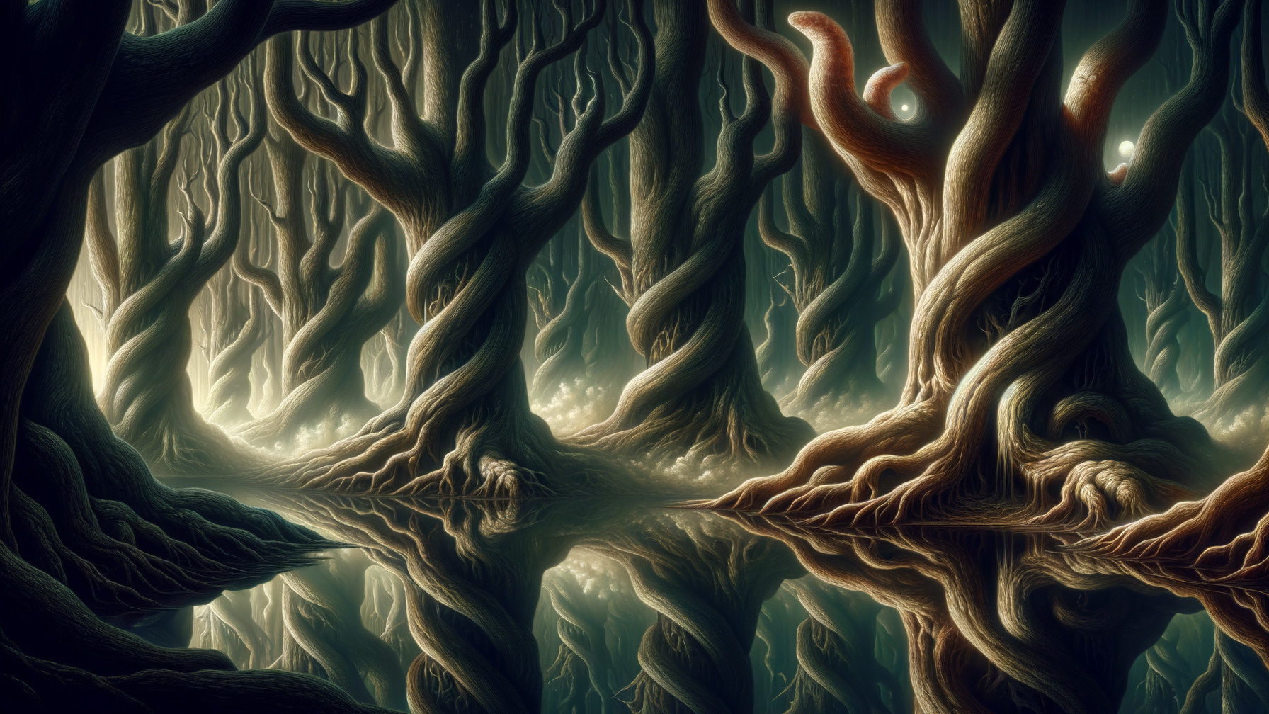 Mystical Forest with Twisted Trees and Calm Water