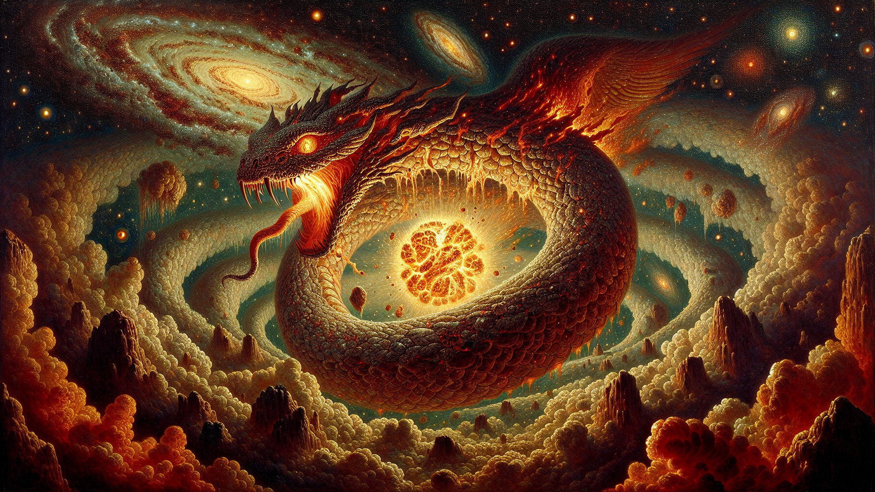 Colossal dragon amidst cosmic explosion and galaxies