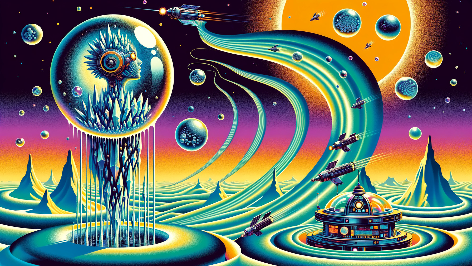 Surreal Sci-Fi Landscape with Futuristic Figure in Dome