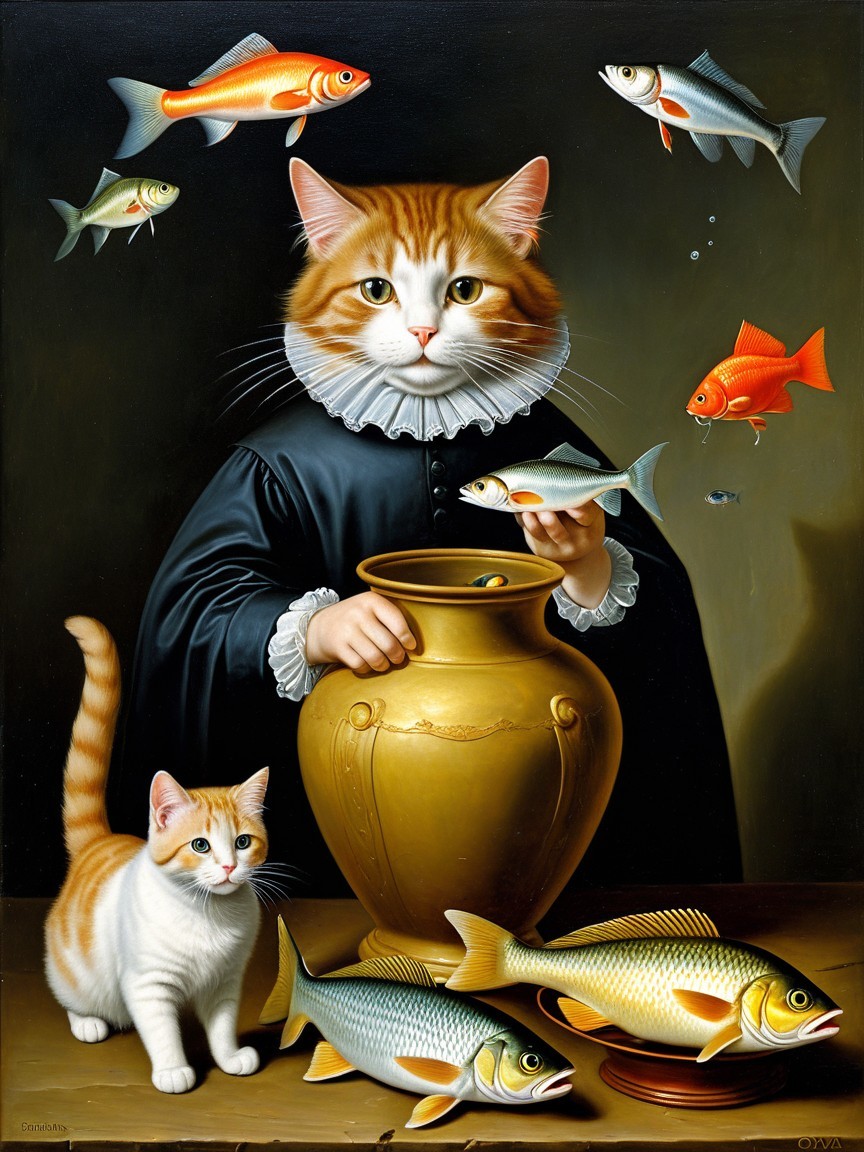 Whimsical Painting of Regal Cat with Fish and Kittens