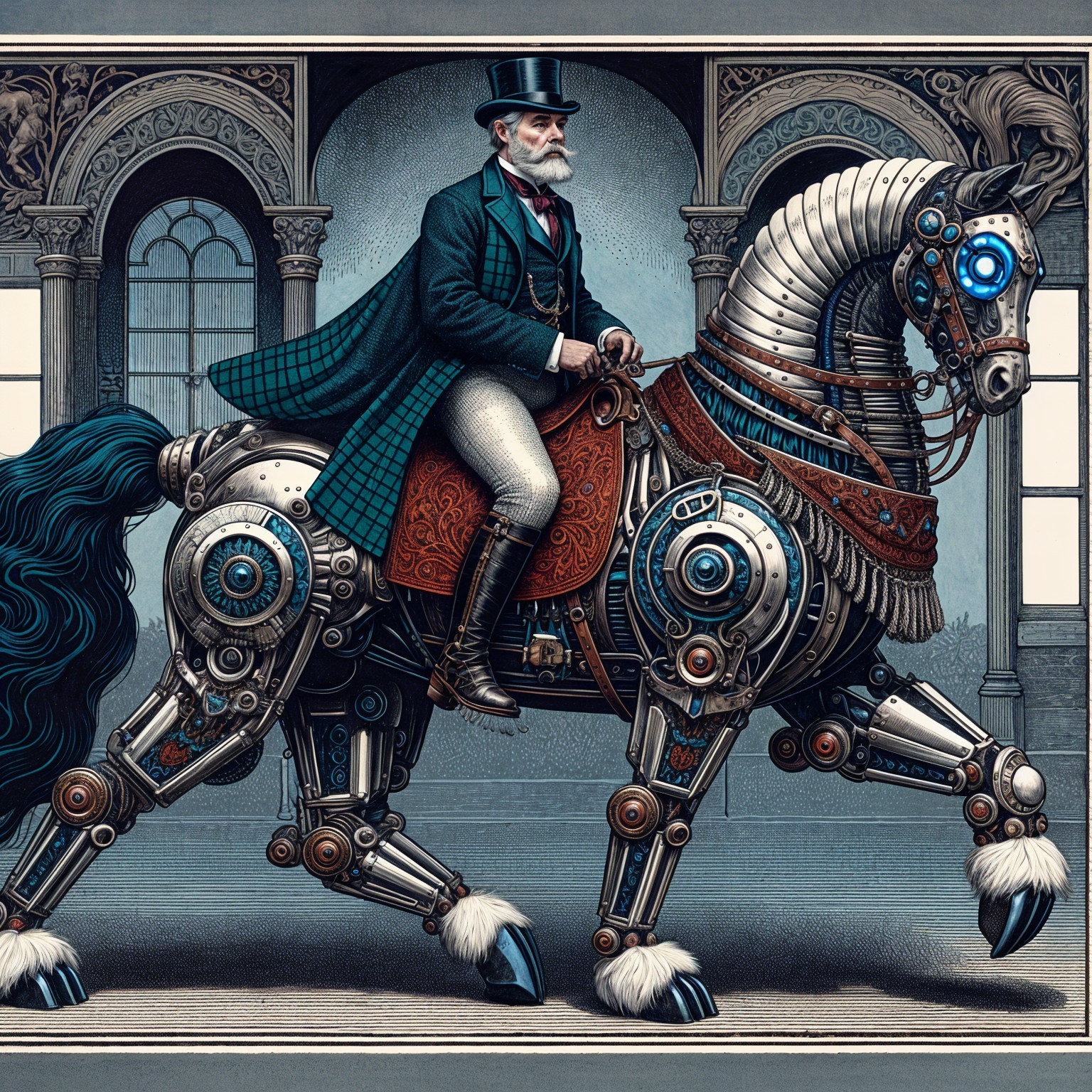 Gentleman on Futuristic Mechanical Horse in Steampunk Setting