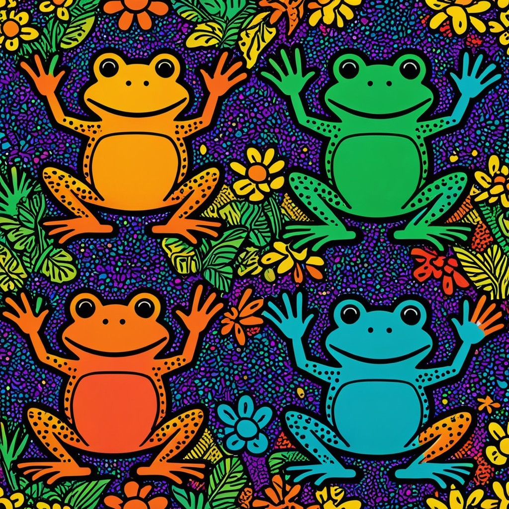 Colorful Cartoon Frogs in Whimsical Floral Pattern