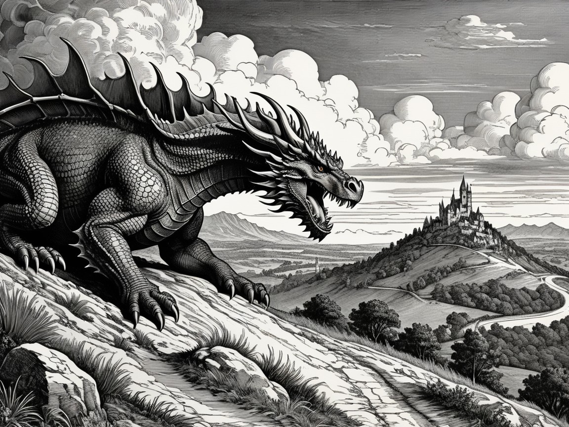 Monochromatic Fantasy Scene of a Dragon and Castle