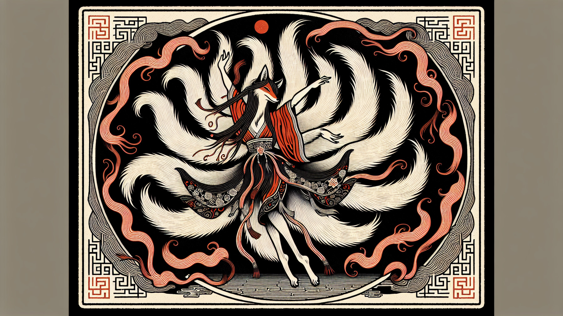 Graceful figure in intricate robes with ethereal tails