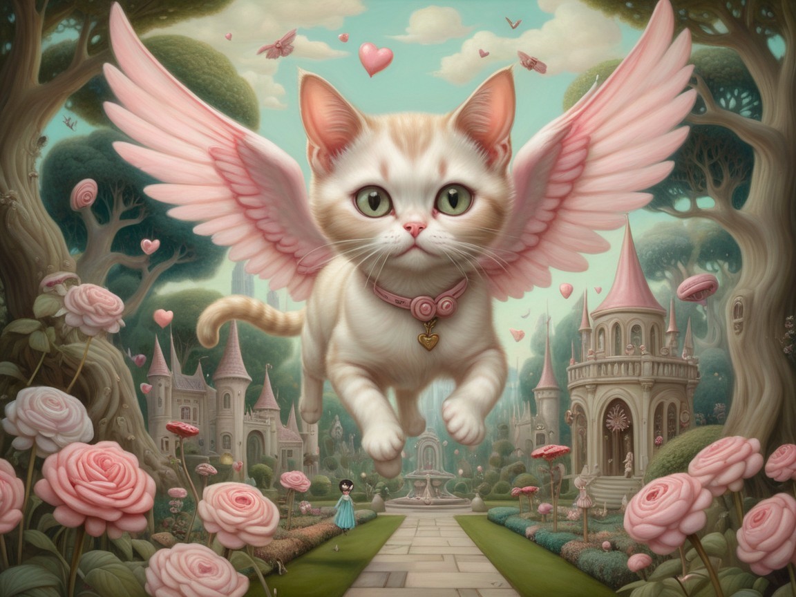 Fluffy White Cat with Wings in a Magical Garden