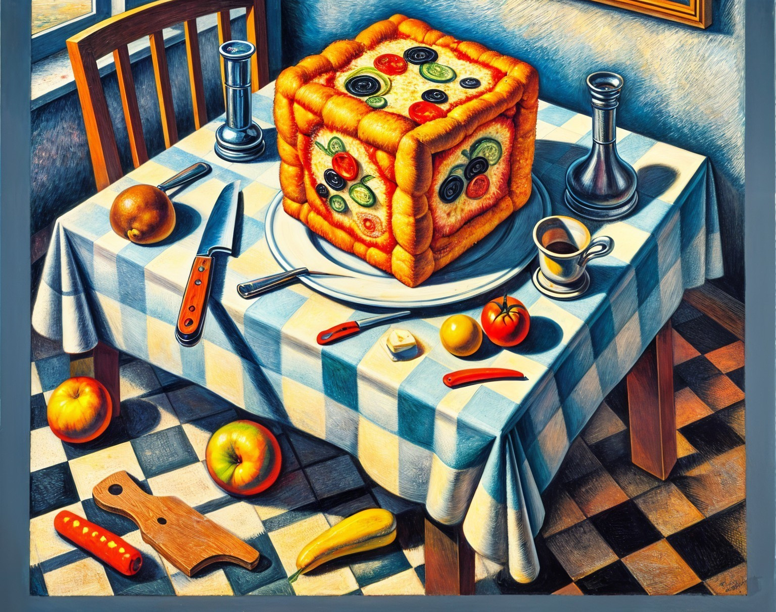 Surreal Still-Life with Colorful Bread and Fruits