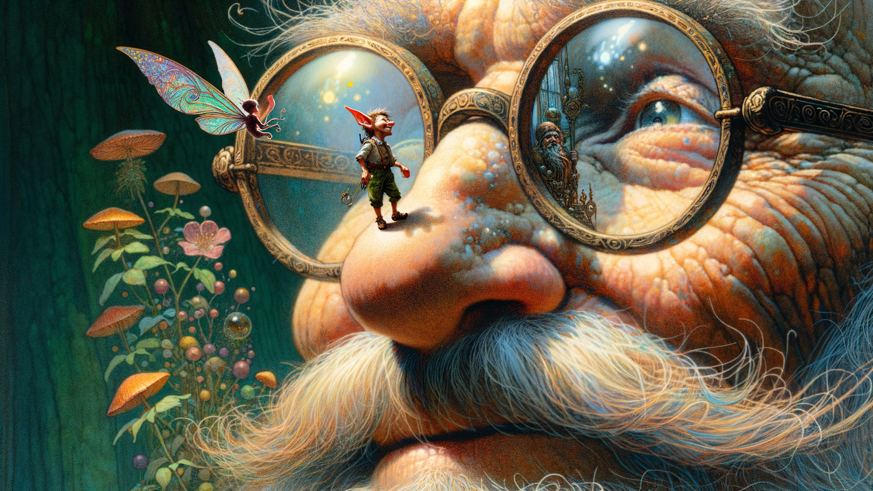Detailed Illustration of an Old Man with Gnome and Butterfly