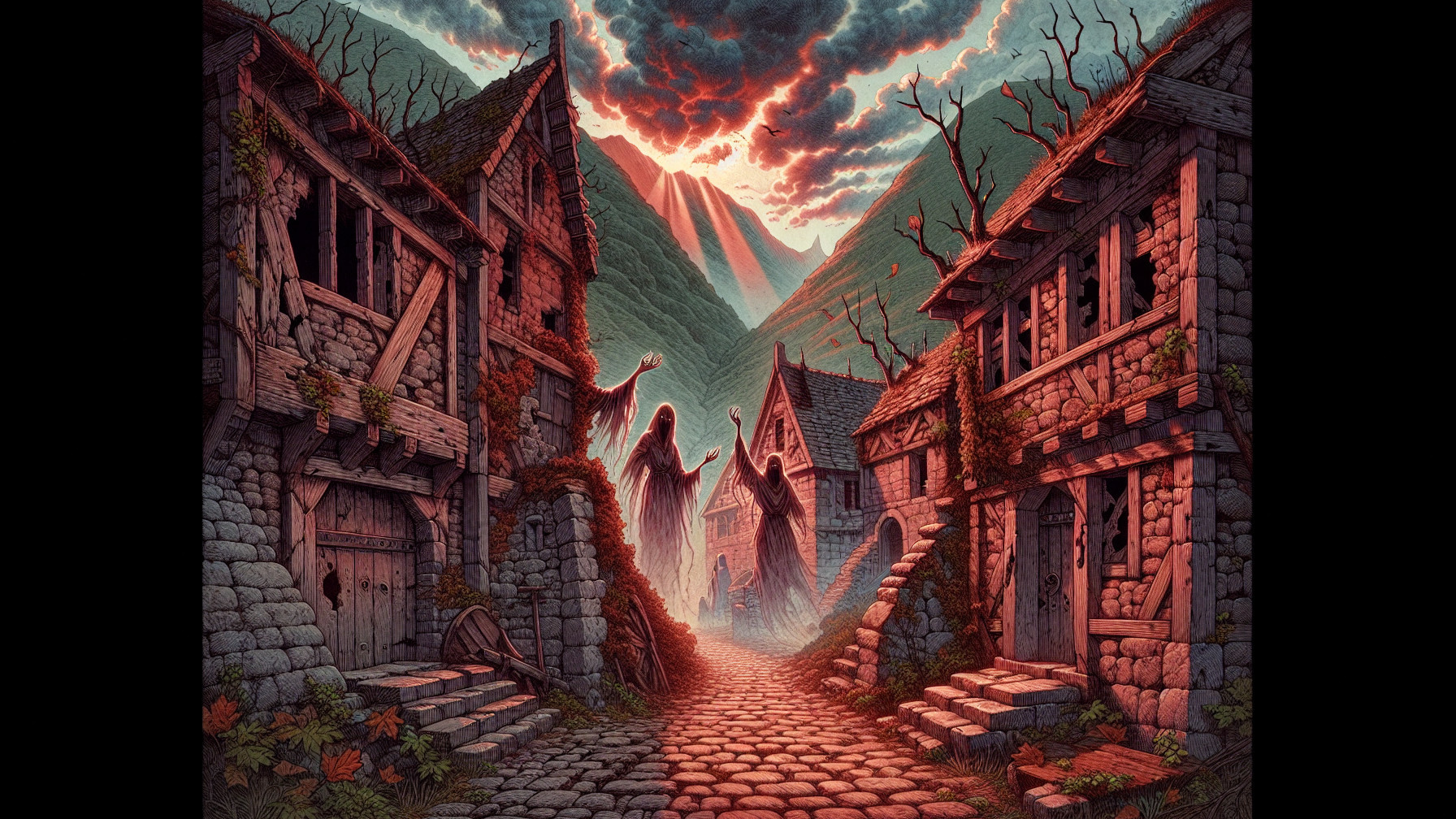Desolate village with abandoned homes and misty figure
