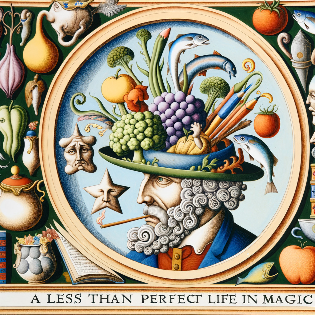 Illustration of a Man with Food and Art Supplies Hat