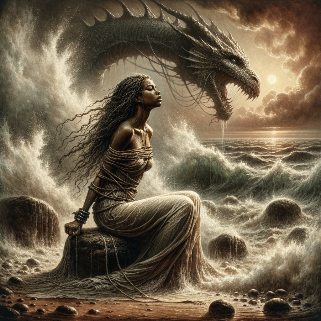Woman on a rock with a dragon in a stormy ocean